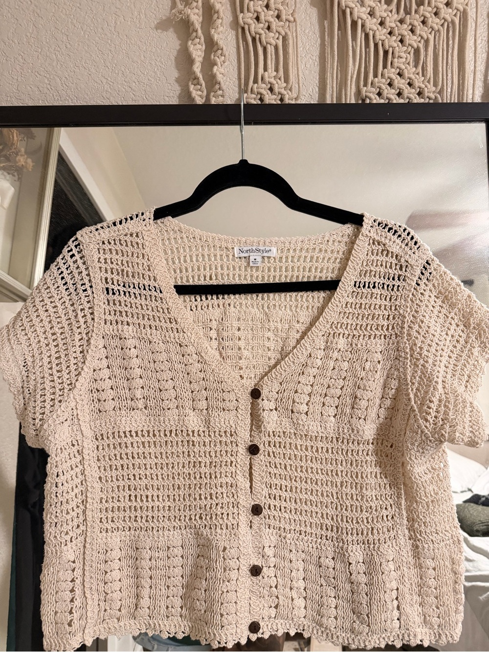 NorthStyle Cream Crop Crochet Button-Front Women's Top